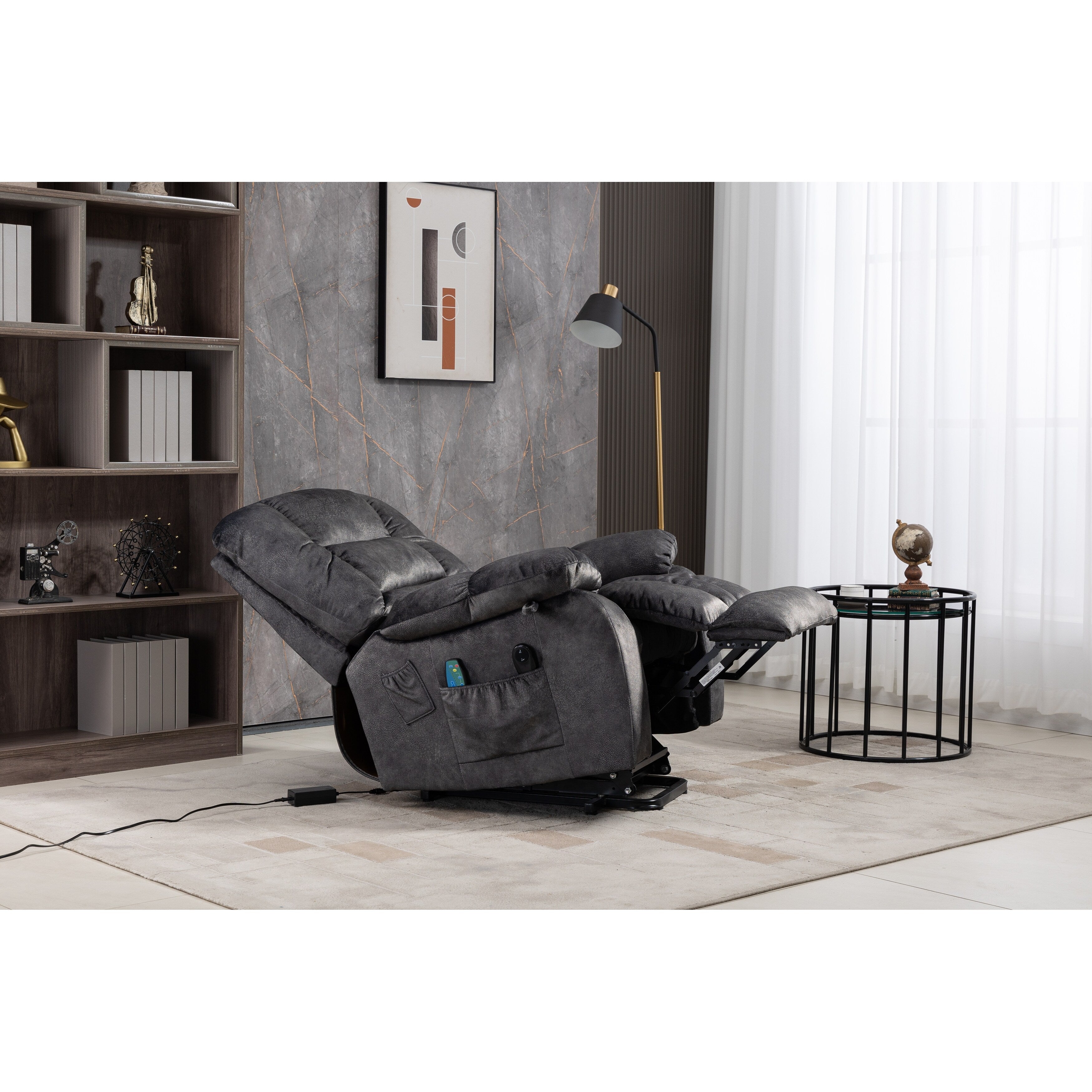 Fauteuil inclinable électrique surdimensionné en tissu chenille avec massage à 8 points et chauffage lombaire, poches latérales