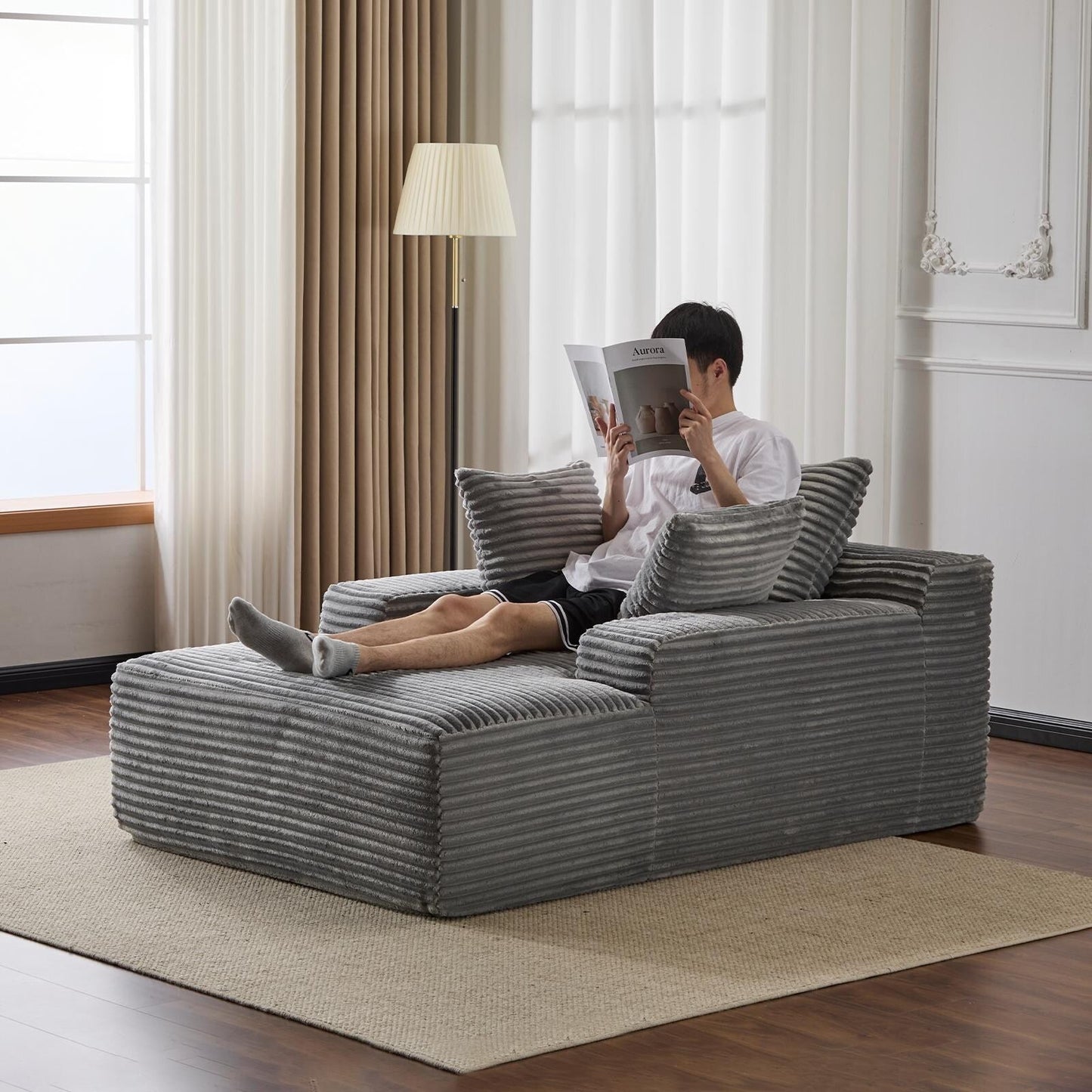 Canapé-lit en velours côtelé surdimensionné avec 3 coussins et accoudoirs larges, sans assemblage, gris