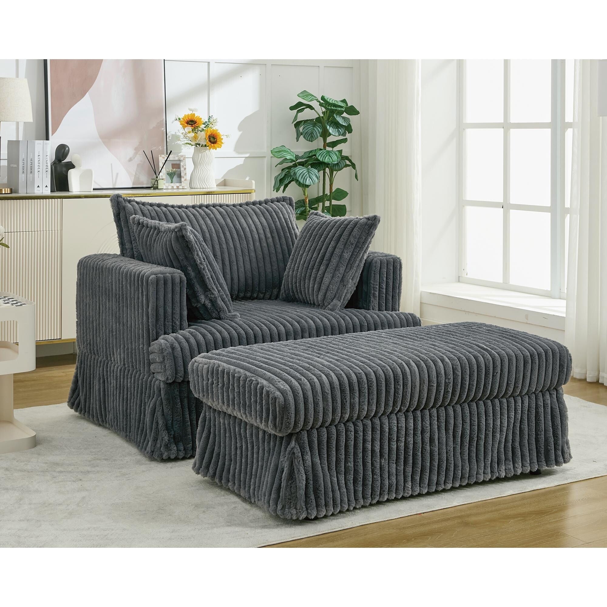 Fauteuil inclinable surdimensionné en velours côtelé, fauteuil à siège profond, canapé simple rembourré et épais avec oreiller et pouf