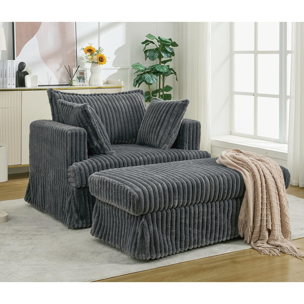 Fauteuil inclinable surdimensionné en velours côtelé, fauteuil à siège profond, canapé simple rembourré et épais avec oreiller et pouf
