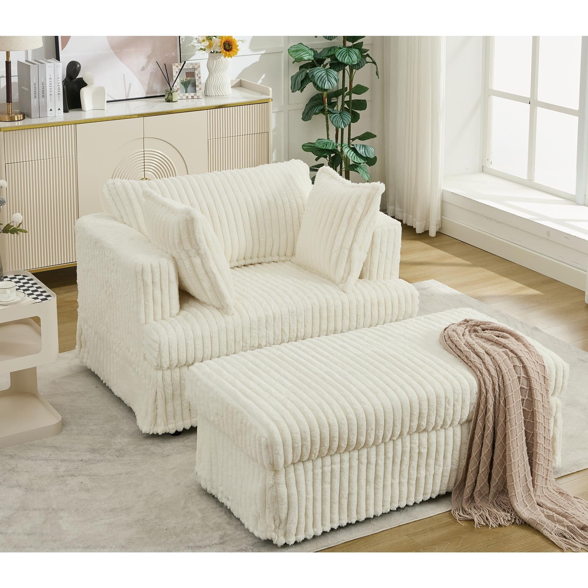 Fauteuil inclinable surdimensionné en velours côtelé, fauteuil à siège profond, canapé simple rembourré et épais avec oreiller et pouf