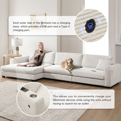 Canapé sectionnel surdimensionné en velours côtelé, canapé nuage en forme de L avec port de chargement USB, porte-gobelet, canapé à siège profond et large avec méridienne de 50 pouces