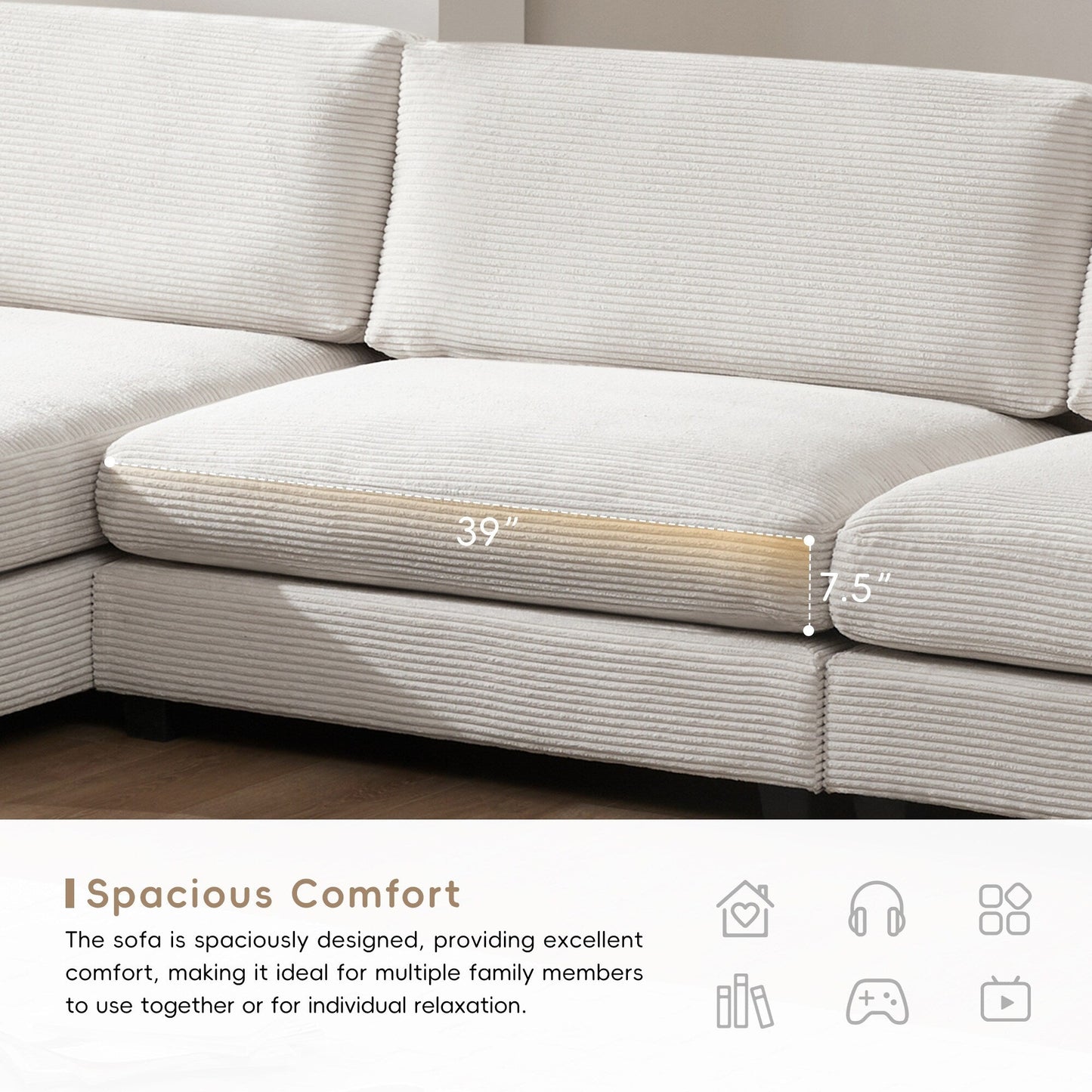 Canapé sectionnel surdimensionné en velours côtelé, canapé nuage en forme de L avec port de chargement USB, porte-gobelet, canapé à siège profond et large avec méridienne de 50 pouces