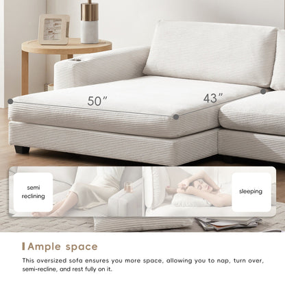 Canapé sectionnel surdimensionné en velours côtelé, canapé nuage en forme de L avec port de chargement USB, porte-gobelet, canapé à siège profond et large avec méridienne de 50 pouces