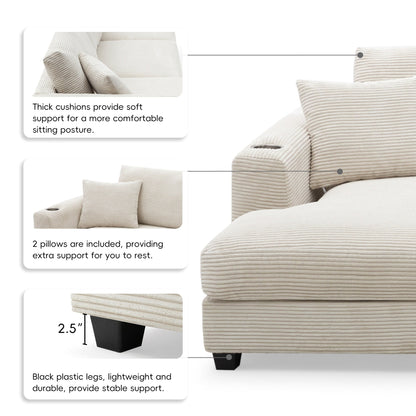 Canapé sectionnel surdimensionné en velours côtelé, canapé nuage en forme de L avec port de chargement USB, porte-gobelet, canapé à siège profond et large avec méridienne de 50 pouces