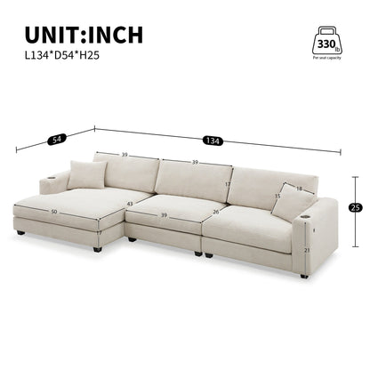 Canapé sectionnel surdimensionné en velours côtelé, canapé nuage en forme de L avec port de chargement USB, porte-gobelet, canapé à siège profond et large avec méridienne de 50 pouces