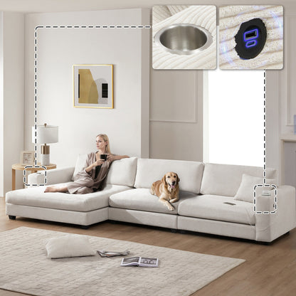 Canapé sectionnel surdimensionné en velours côtelé, canapé nuage en forme de L avec port de chargement USB, porte-gobelet, canapé à siège profond et large avec méridienne de 50 pouces