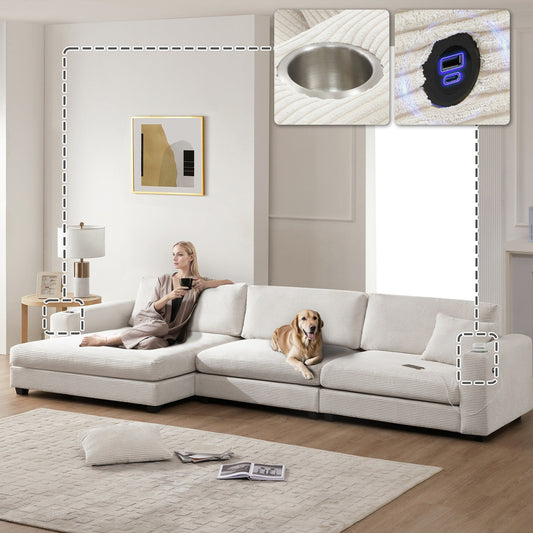 Canapé sectionnel surdimensionné en velours côtelé, canapé nuage en forme de L avec port de chargement USB, porte-gobelet, canapé à siège profond et large avec méridienne de 50 pouces