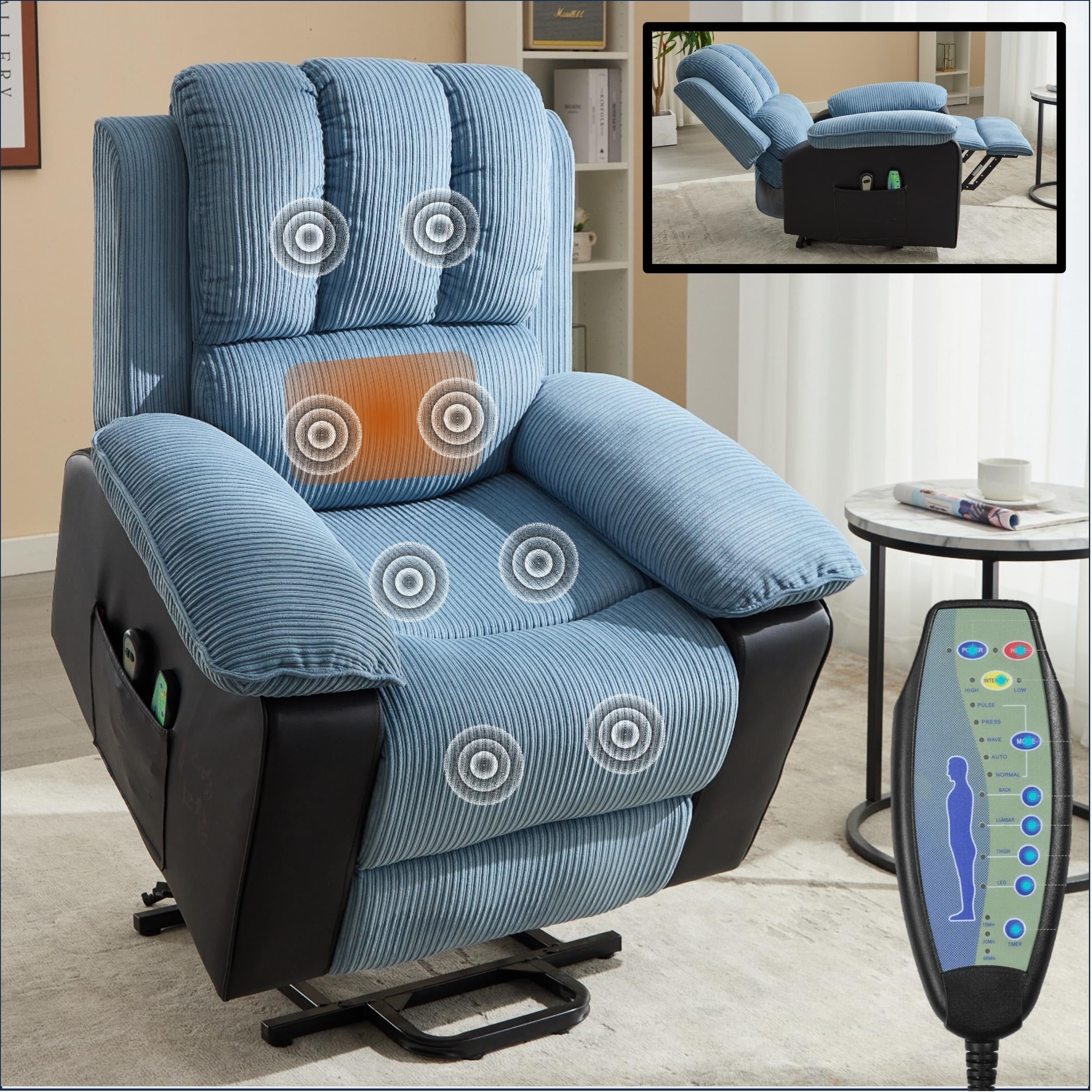 Fauteuil inclinable électrique surdimensionné en velours côtelé avec massage par vibrations, chauffage lombaire et poches latérales