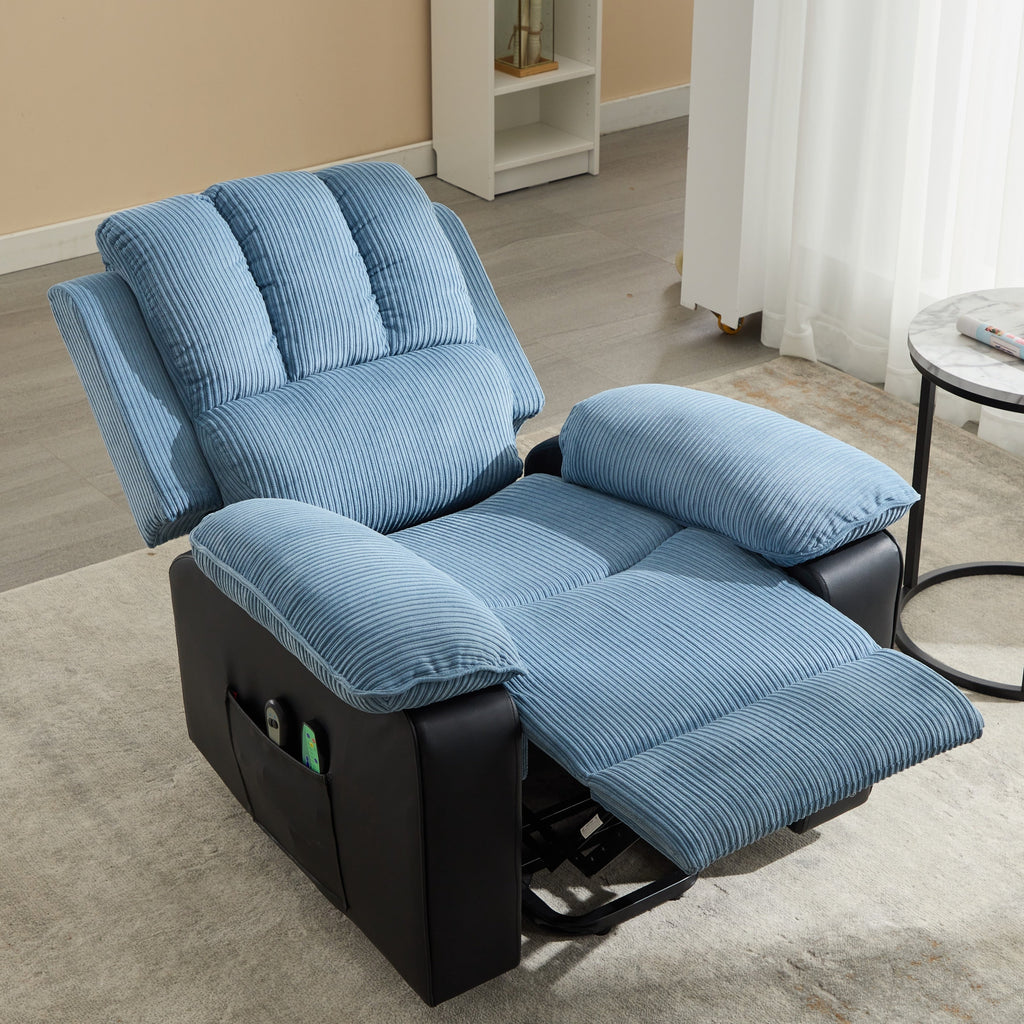 Fauteuil inclinable électrique surdimensionné en velours côtelé avec massage par vibrations, chauffage lombaire et poches latérales
