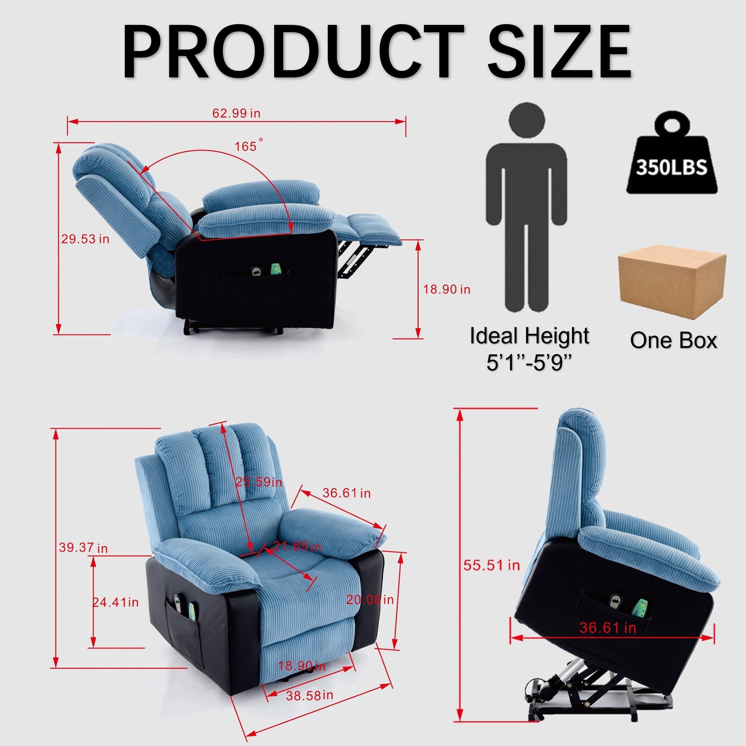 Fauteuil inclinable électrique surdimensionné en velours côtelé avec massage par vibrations, chauffage lombaire et poches latérales