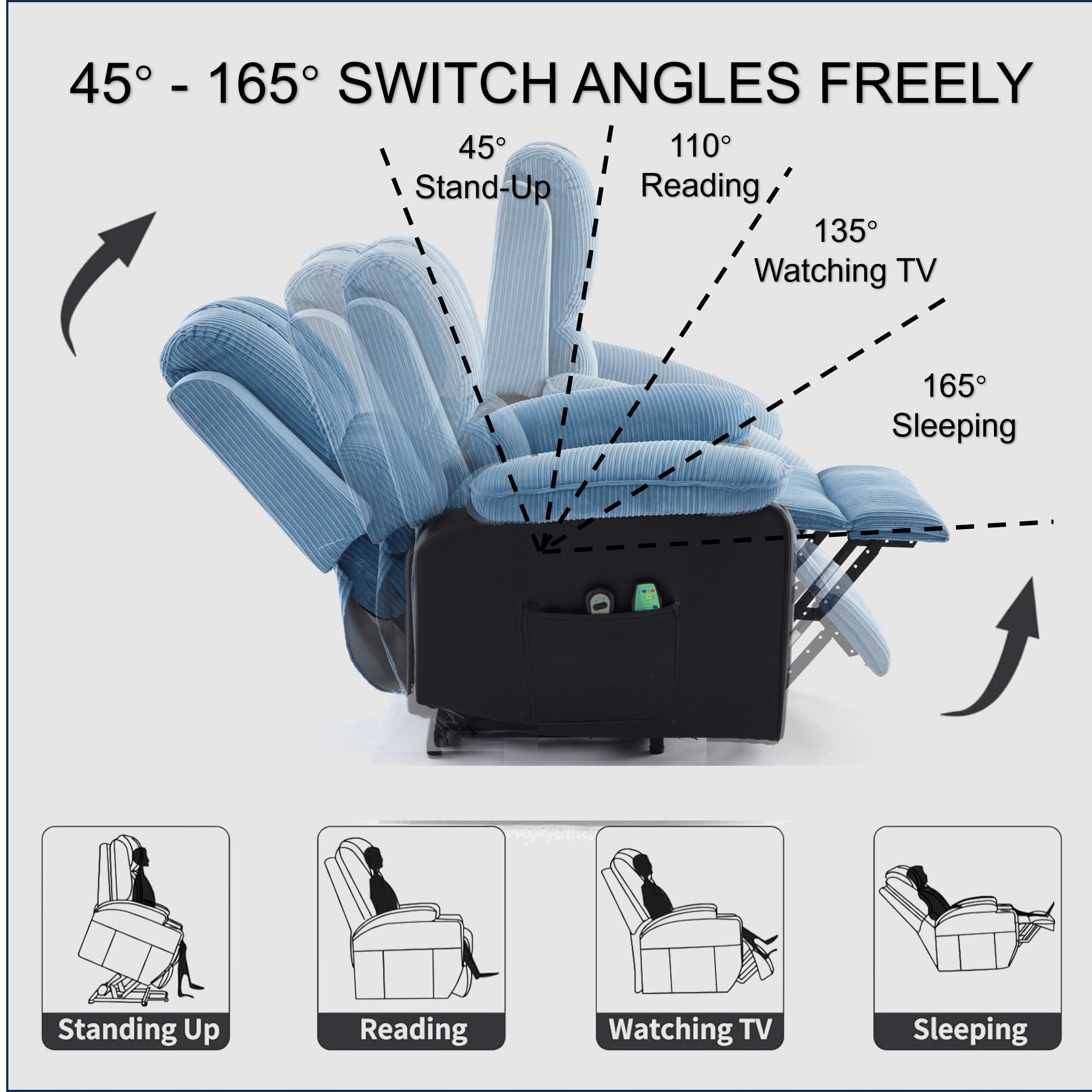 Fauteuil inclinable électrique surdimensionné en velours côtelé avec massage par vibrations, chauffage lombaire et poches latérales