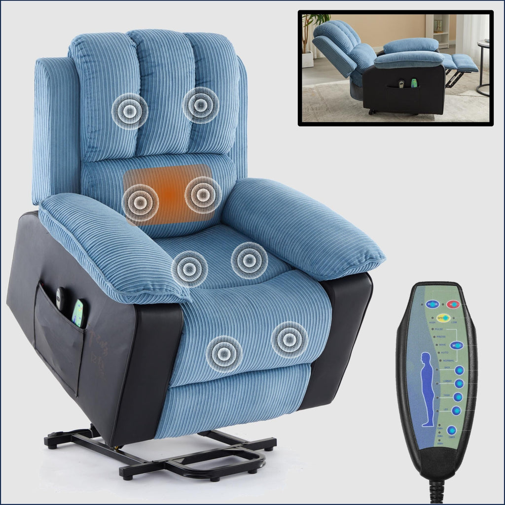 Fauteuil inclinable électrique surdimensionné en velours côtelé avec massage par vibrations, chauffage lombaire et poches latérales