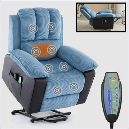 Fauteuil inclinable électrique surdimensionné en velours côtelé avec massage par vibrations, chauffage lombaire et poches latérales