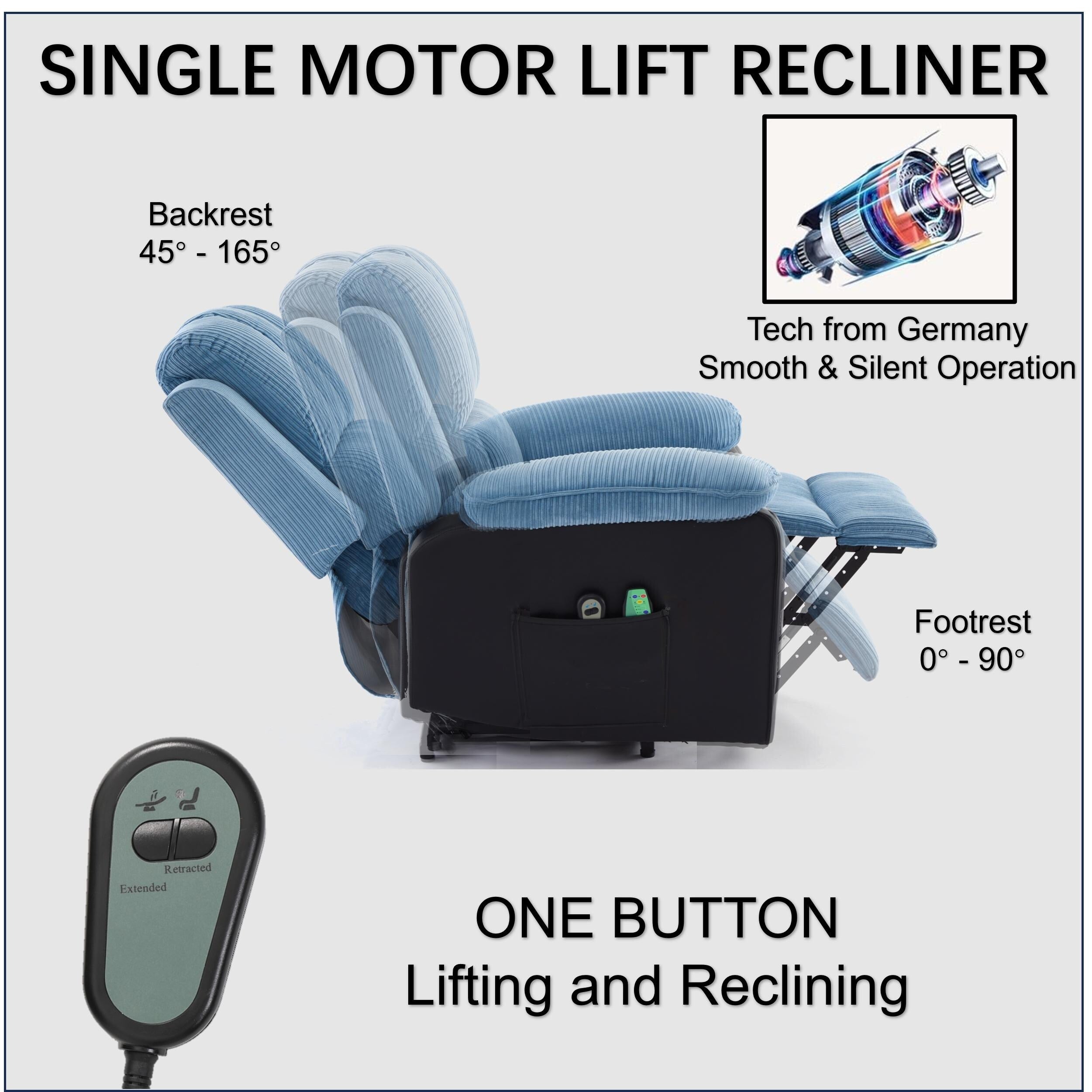 Fauteuil inclinable électrique surdimensionné en velours côtelé avec massage par vibrations, chauffage lombaire et poches latérales