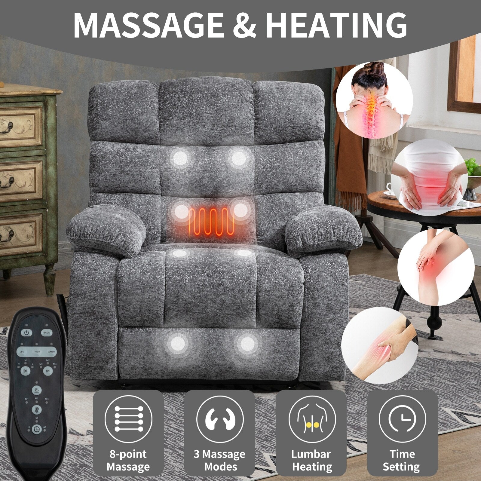 Fauteuil inclinable électrique surdimensionné à deux moteurs, positions infinies, avec massage en 8 points et chauffage lombaire, télécommande électrique
