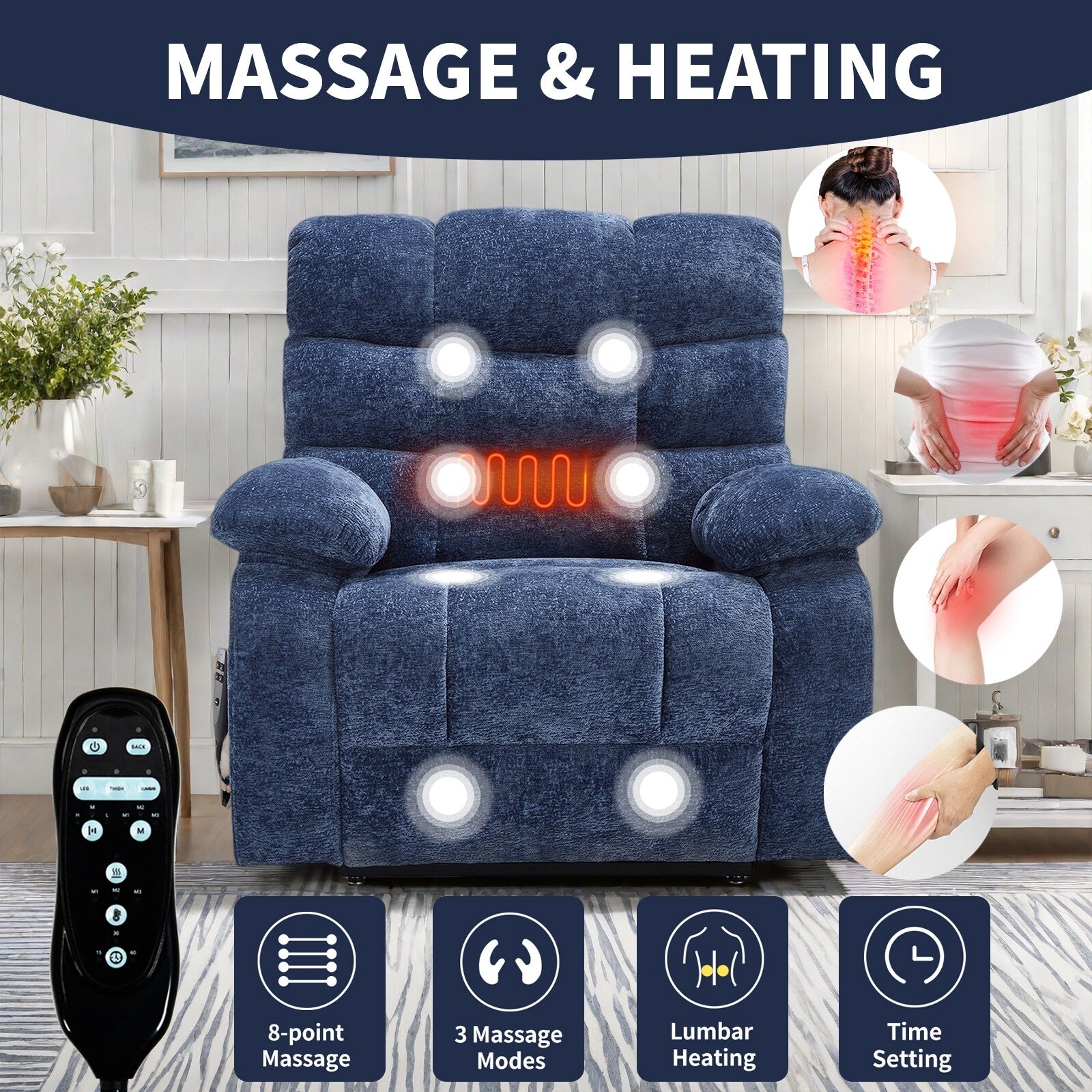 Fauteuil inclinable électrique surdimensionné à deux moteurs, positions infinies, avec massage en 8 points et chauffage lombaire, télécommande électrique