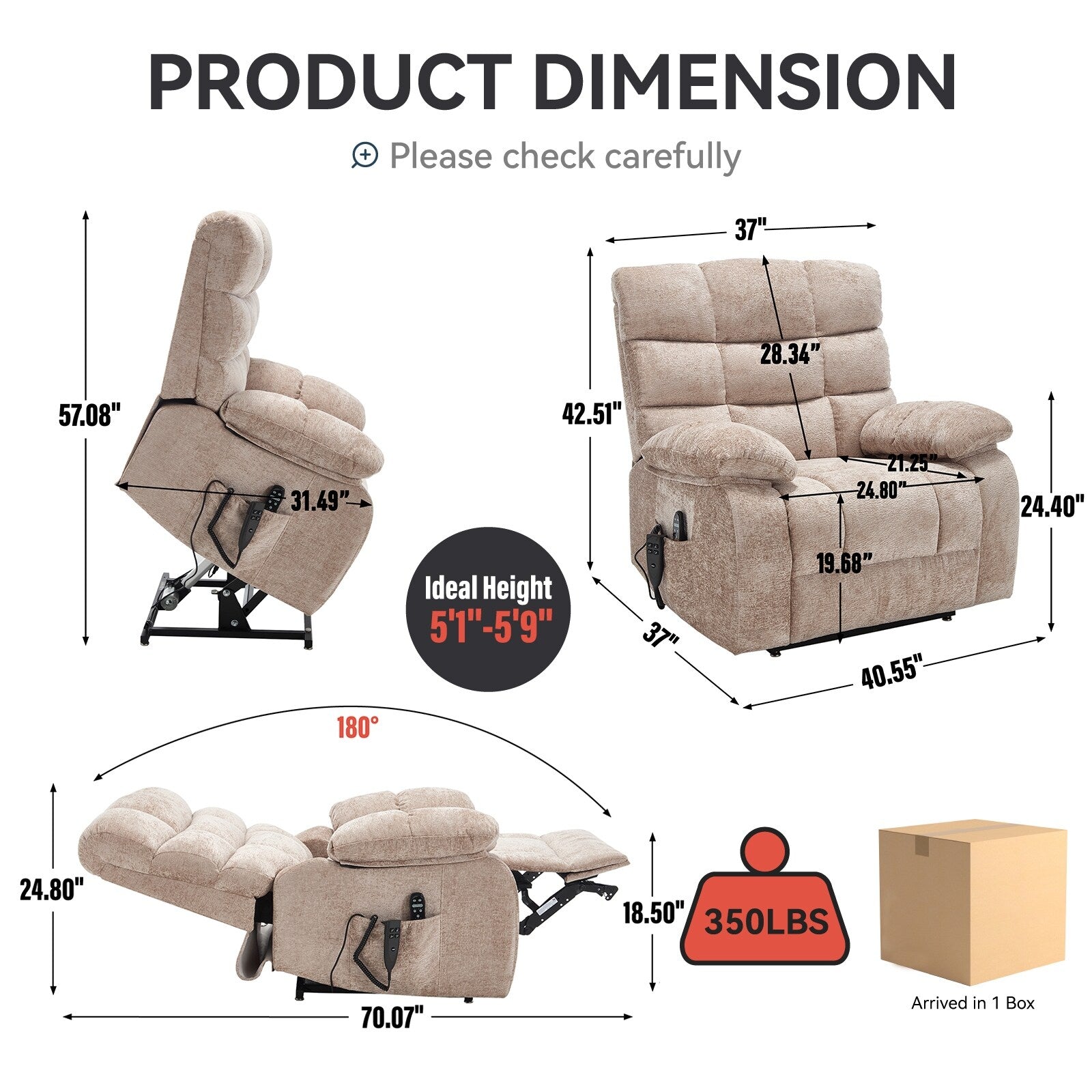 Fauteuil inclinable électrique surdimensionné à deux moteurs, positions infinies, avec massage en 8 points et chauffage lombaire, télécommande électrique