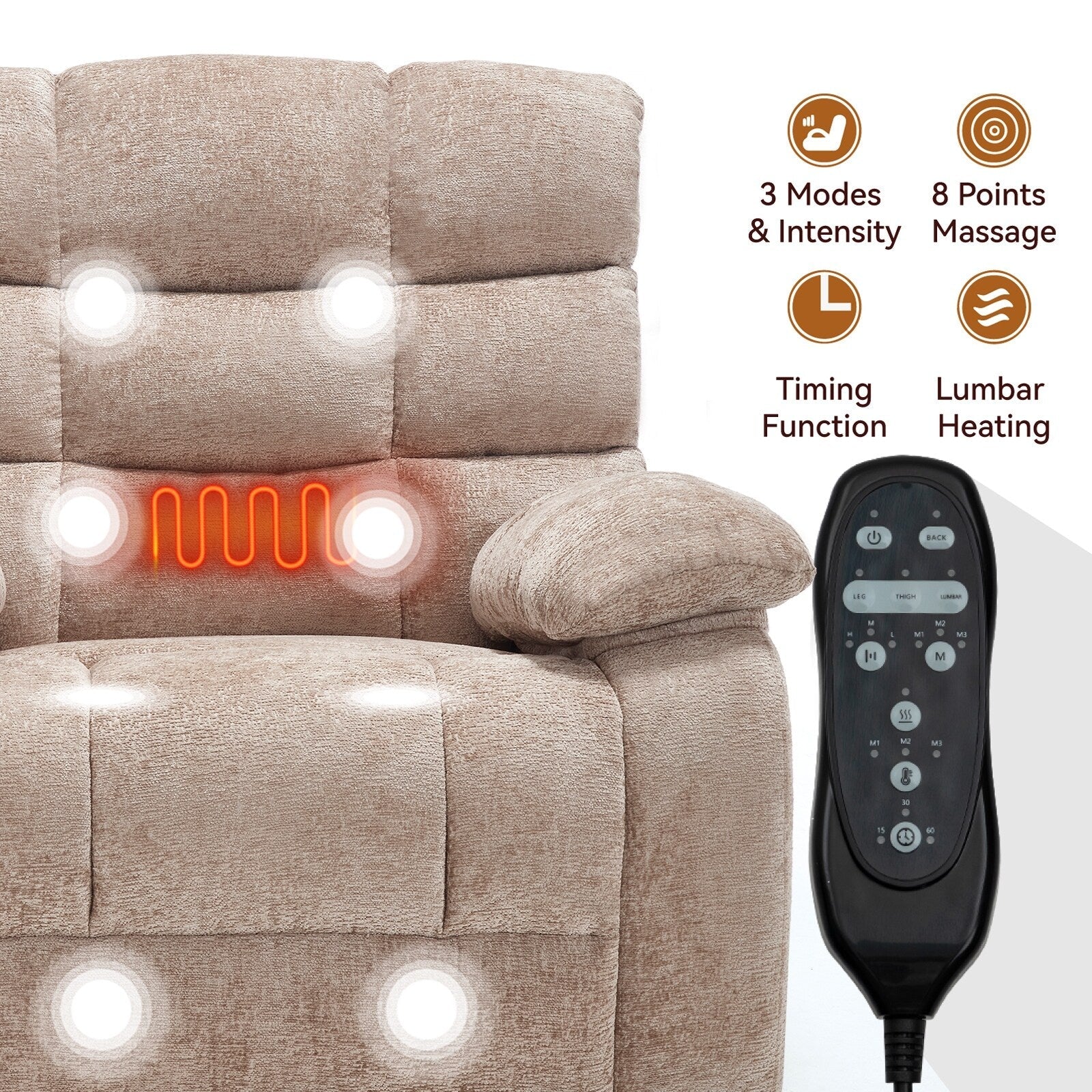 Fauteuil inclinable électrique surdimensionné à deux moteurs, positions infinies, avec massage en 8 points et chauffage lombaire, télécommande électrique