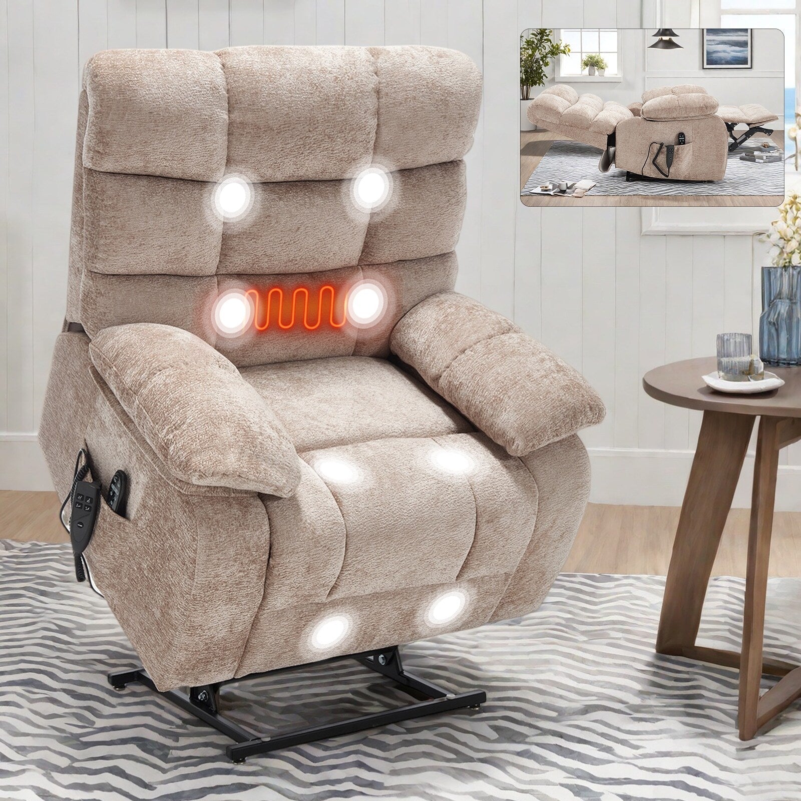 Fauteuil inclinable électrique surdimensionné à deux moteurs, positions infinies, avec massage en 8 points et chauffage lombaire, télécommande électrique