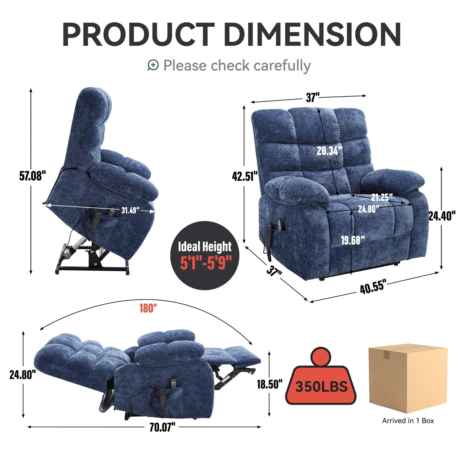 Fauteuil inclinable électrique surdimensionné à deux moteurs, positions infinies, avec massage en 8 points et chauffage lombaire, télécommande électrique