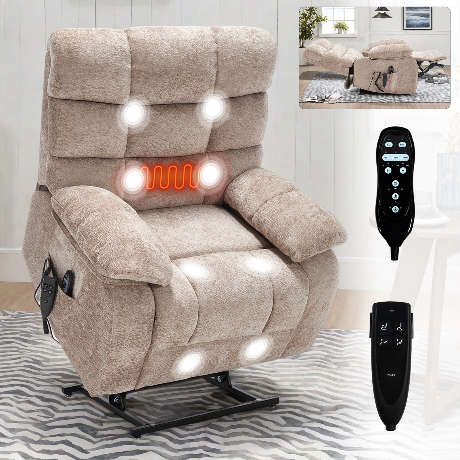 Fauteuil inclinable électrique surdimensionné à deux moteurs, positions infinies, avec massage en 8 points et chauffage lombaire, télécommande électrique