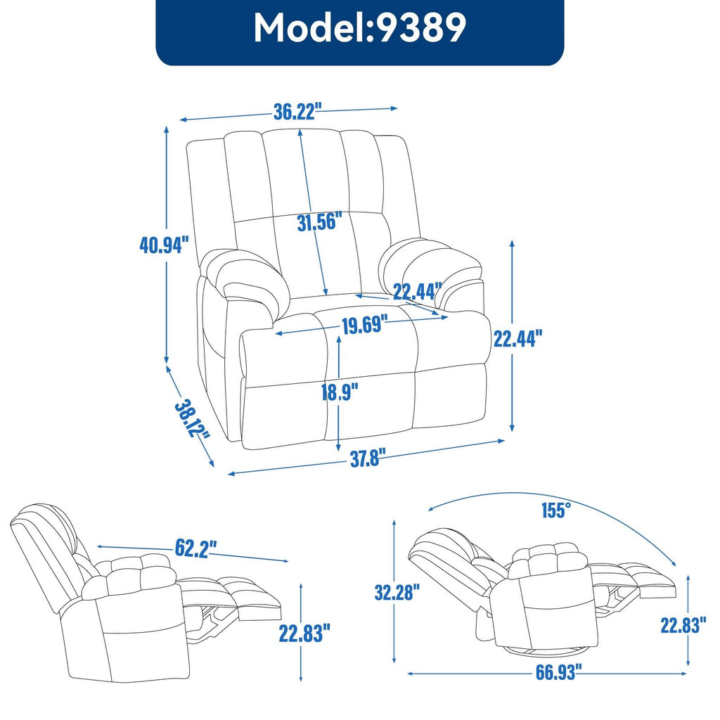 Fauteuil inclinable surdimensionné en tissu avec fonction pivotante et basculante à 360°, commande manuelle pour un confort maximal