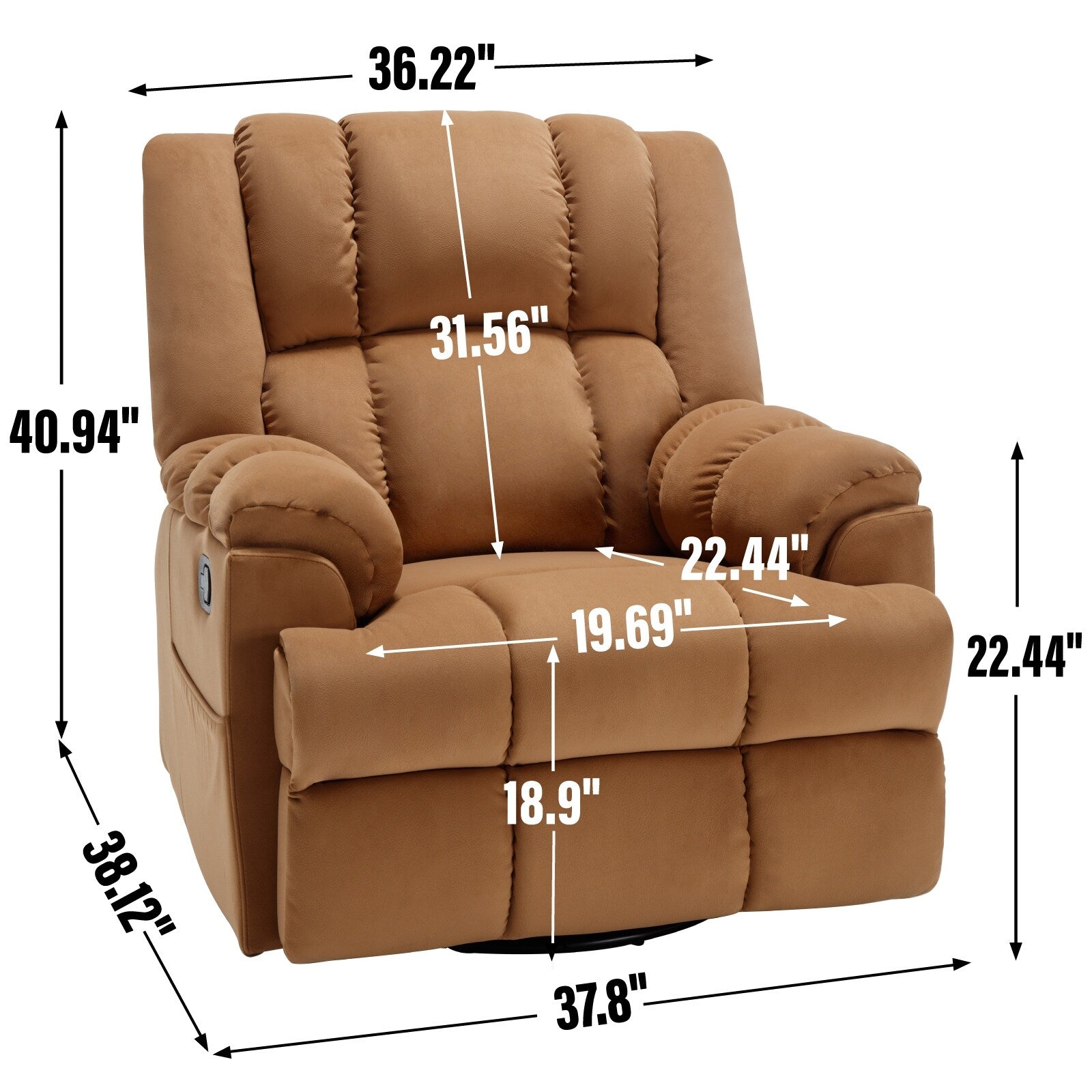 Fauteuil inclinable surdimensionné en tissu avec fonction pivotante et basculante à 360°, commande manuelle pour un confort maximal