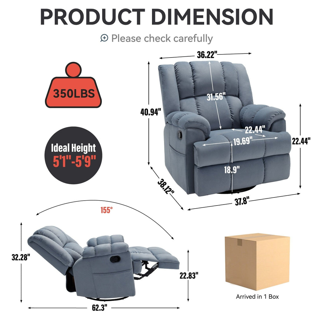 Fauteuil inclinable surdimensionné en tissu avec fonction pivotante et basculante à 360°, commande manuelle pour un confort maximal