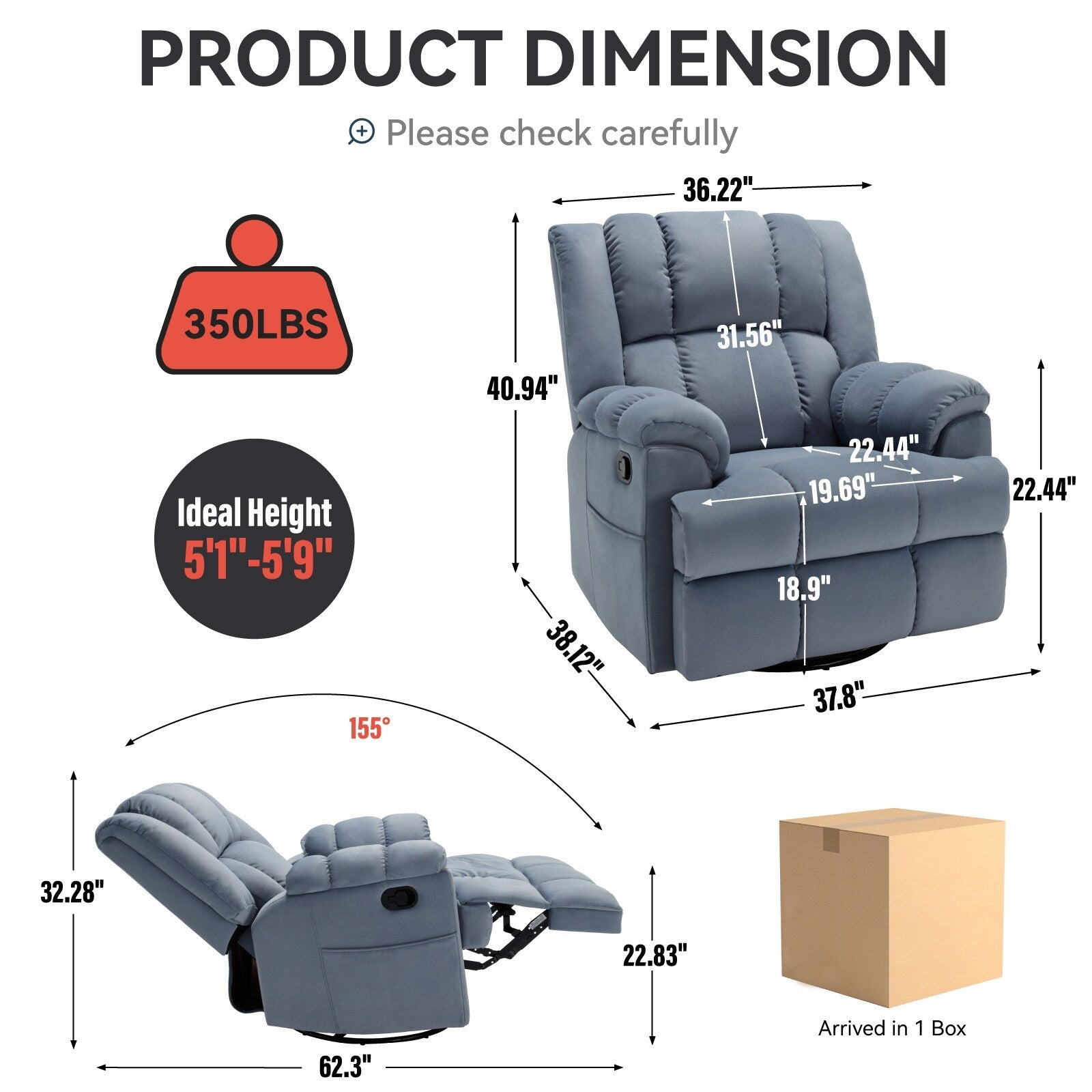 Fauteuil inclinable surdimensionné en tissu avec fonction pivotante et basculante à 360°, commande manuelle pour un confort maximal