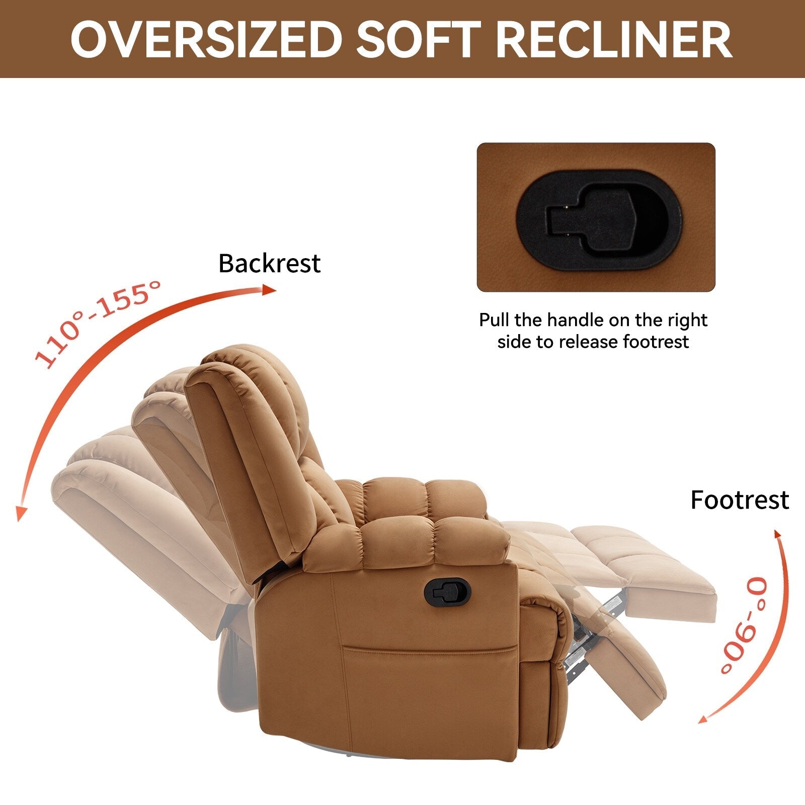 Fauteuil inclinable surdimensionné en tissu avec fonction pivotante et basculante à 360°, commande manuelle pour un confort maximal