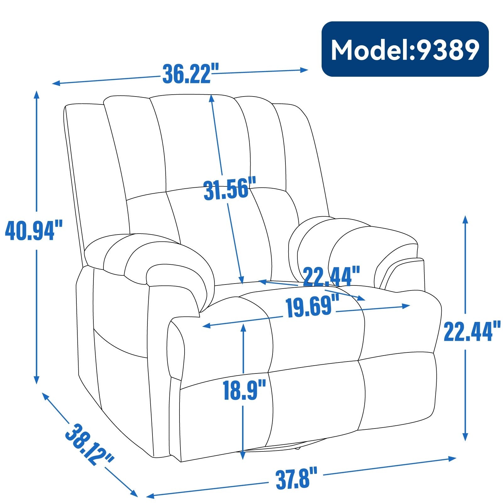 Fauteuil inclinable surdimensionné en tissu avec fonction pivotante et basculante à 360°, commande manuelle pour un confort maximal