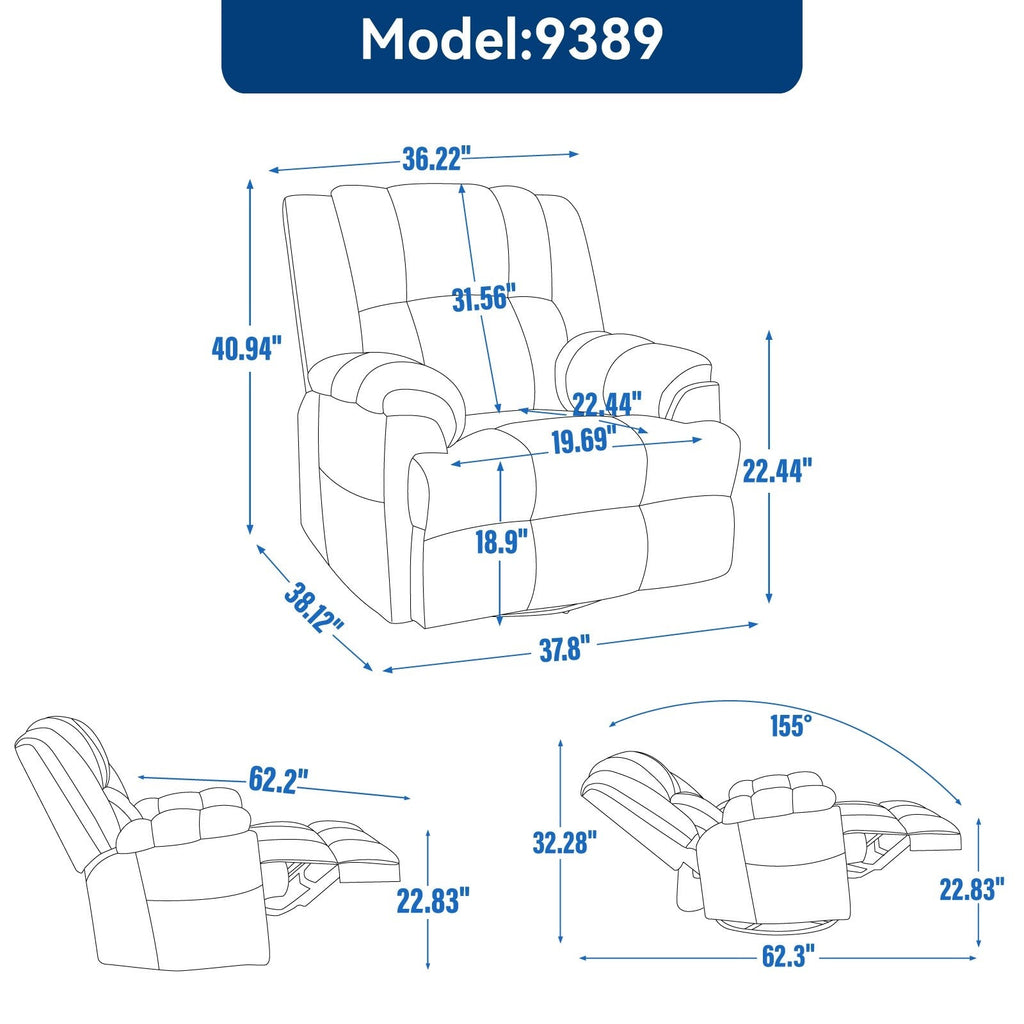 Fauteuil inclinable surdimensionné en tissu avec fonction pivotante et basculante à 360°, commande manuelle pour un confort maximal