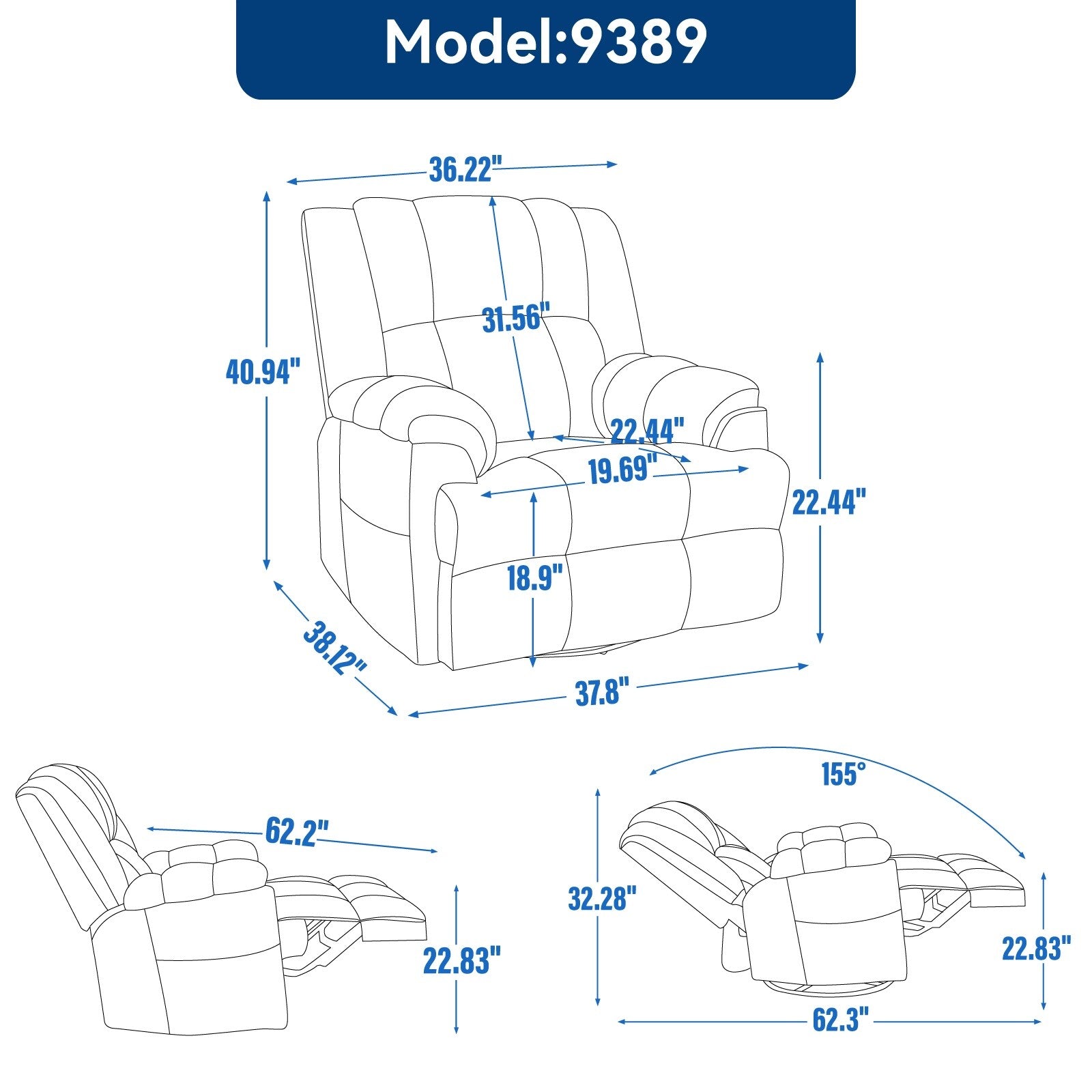 Fauteuil inclinable surdimensionné en tissu avec fonction pivotante et basculante à 360°, commande manuelle pour un confort maximal