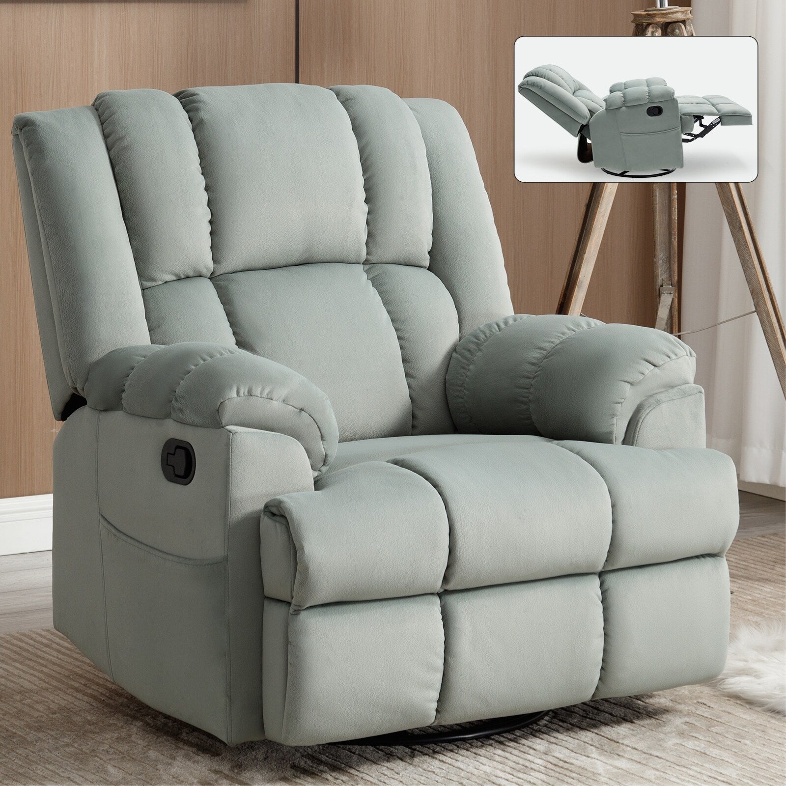 Fauteuil inclinable surdimensionné en tissu avec fonction pivotante et basculante à 360°, commande manuelle pour un confort maximal