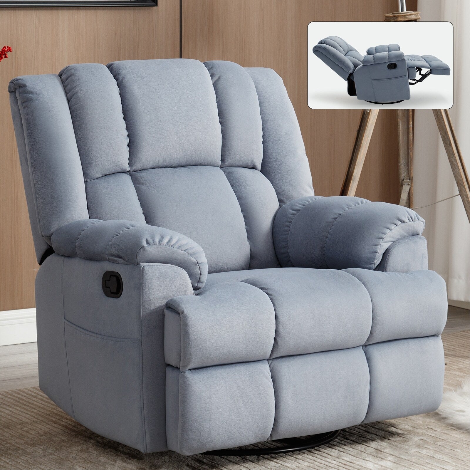 Fauteuil inclinable surdimensionné en tissu avec fonction pivotante et basculante à 360°, commande manuelle pour un confort maximal