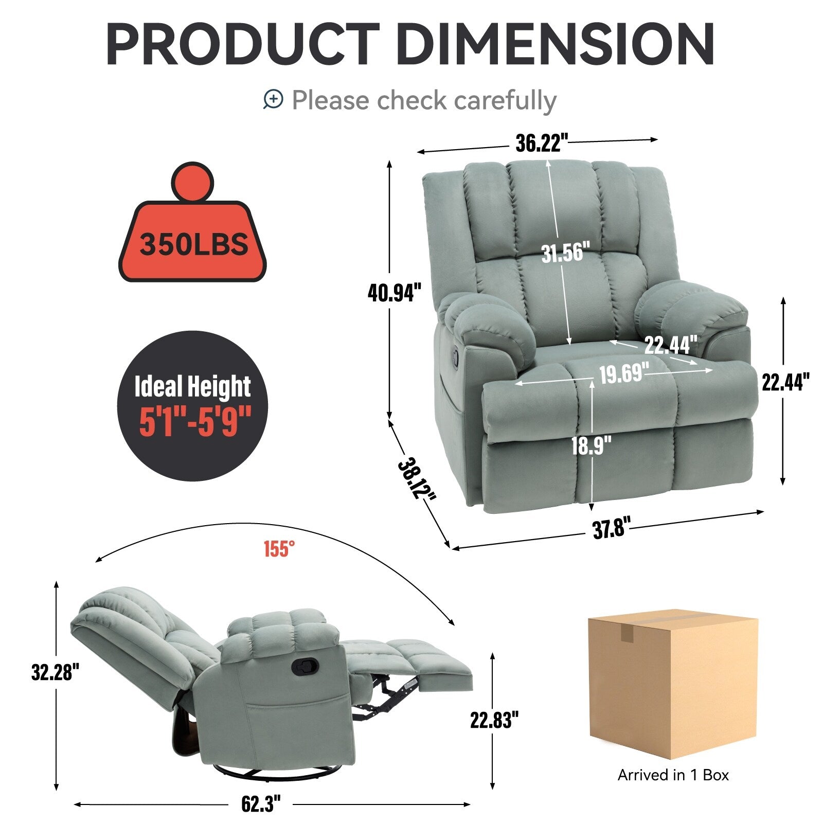 Fauteuil inclinable surdimensionné en tissu avec fonction pivotante et basculante à 360°, commande manuelle pour un confort maximal