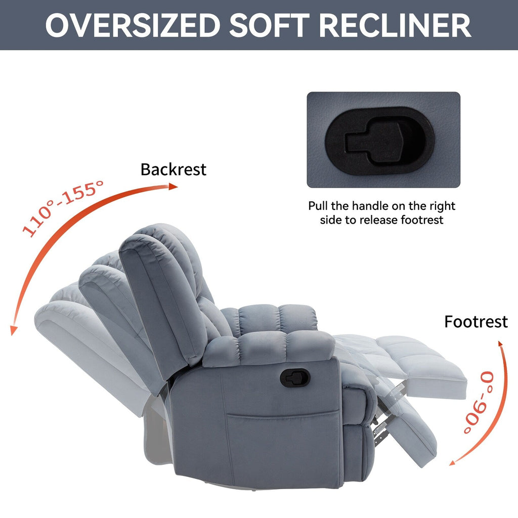 Fauteuil inclinable surdimensionné en tissu avec fonction pivotante et basculante à 360°, commande manuelle pour un confort maximal