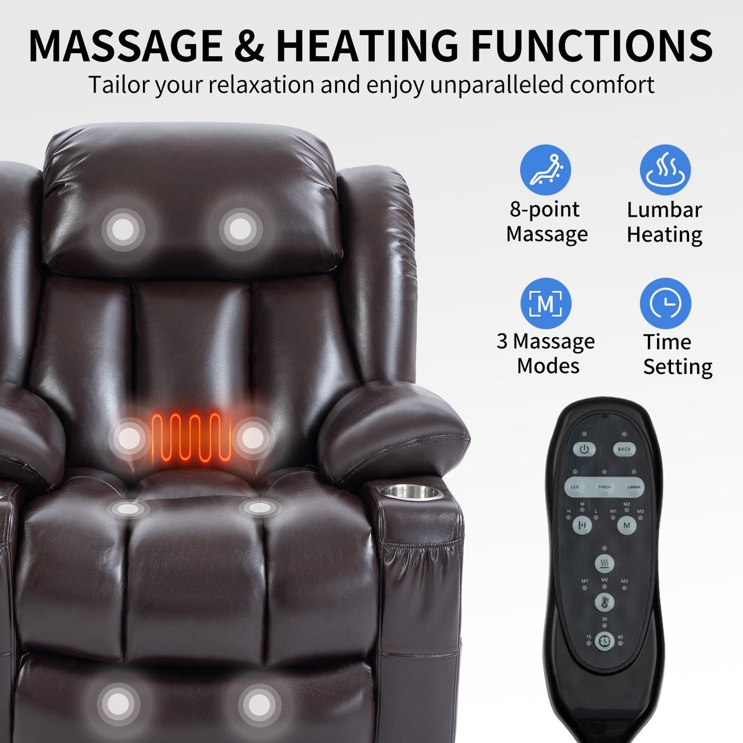 Fauteuil inclinable électrique surdimensionné en similicuir avec massage et chauffage