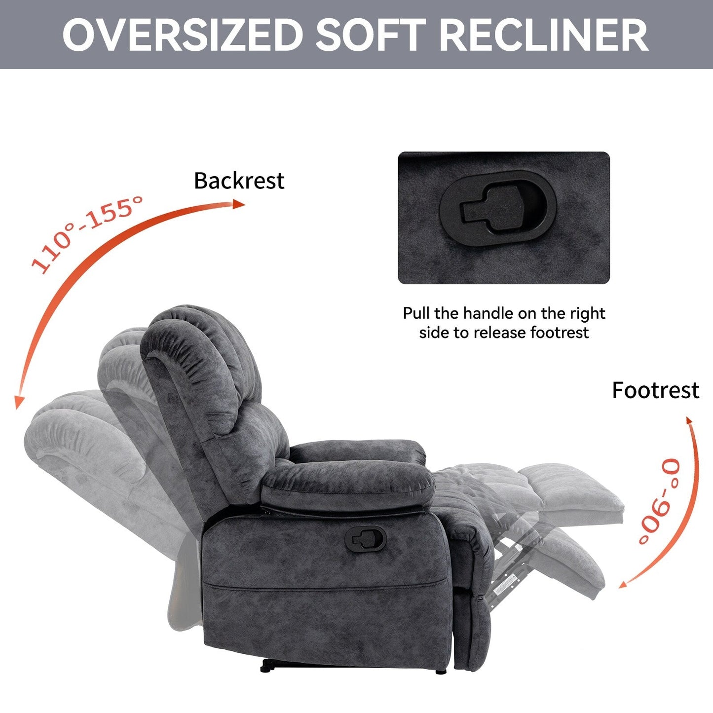 Fauteuil inclinable manuel surdimensionné en tissu, inclinaison à 155°