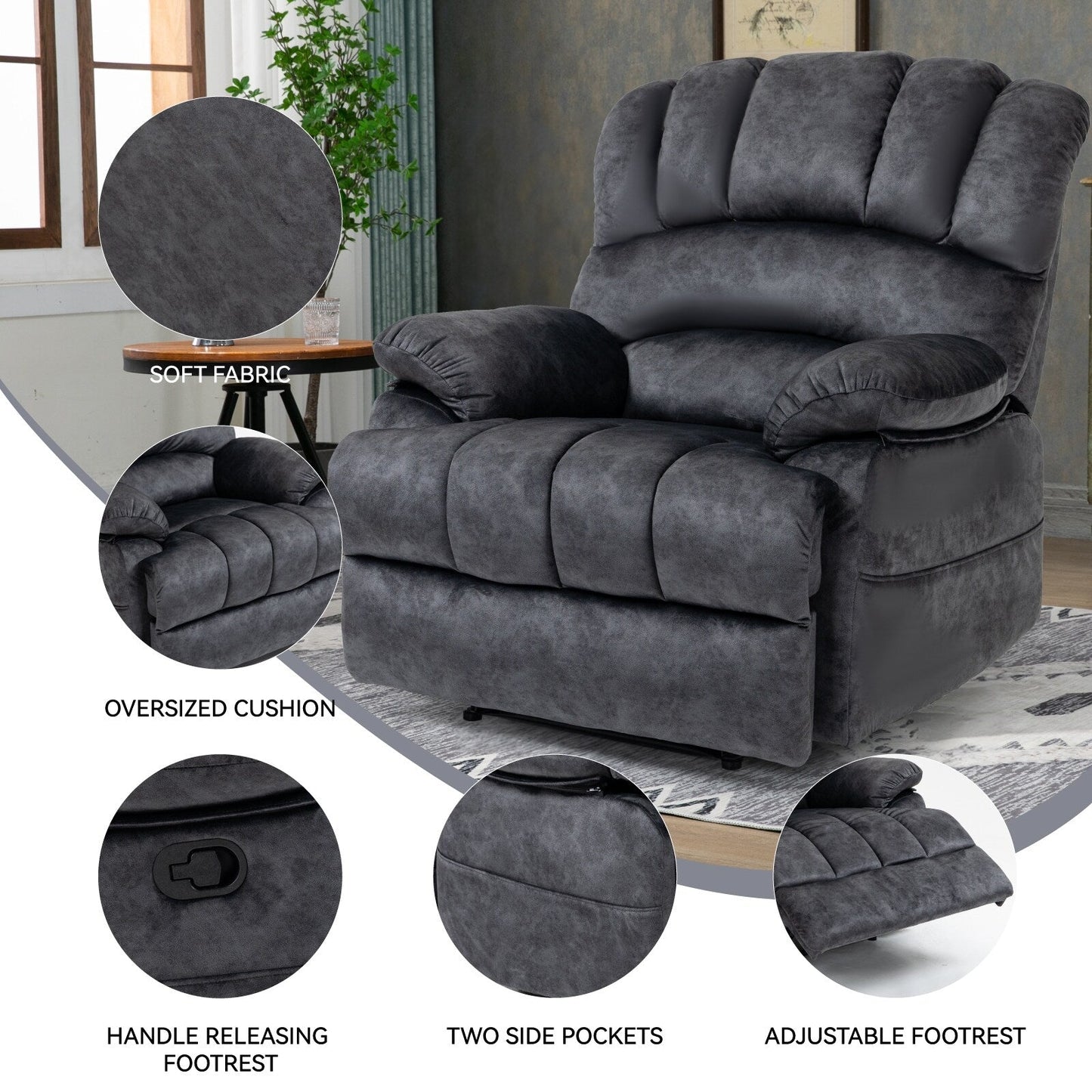 Fauteuil inclinable manuel surdimensionné en tissu, inclinaison à 155°