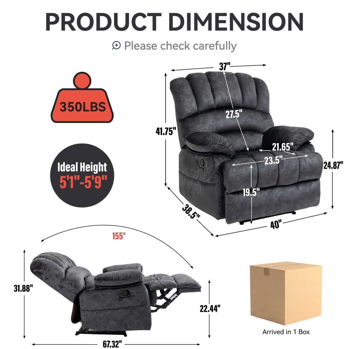Fauteuil inclinable manuel surdimensionné en tissu, inclinaison à 155°