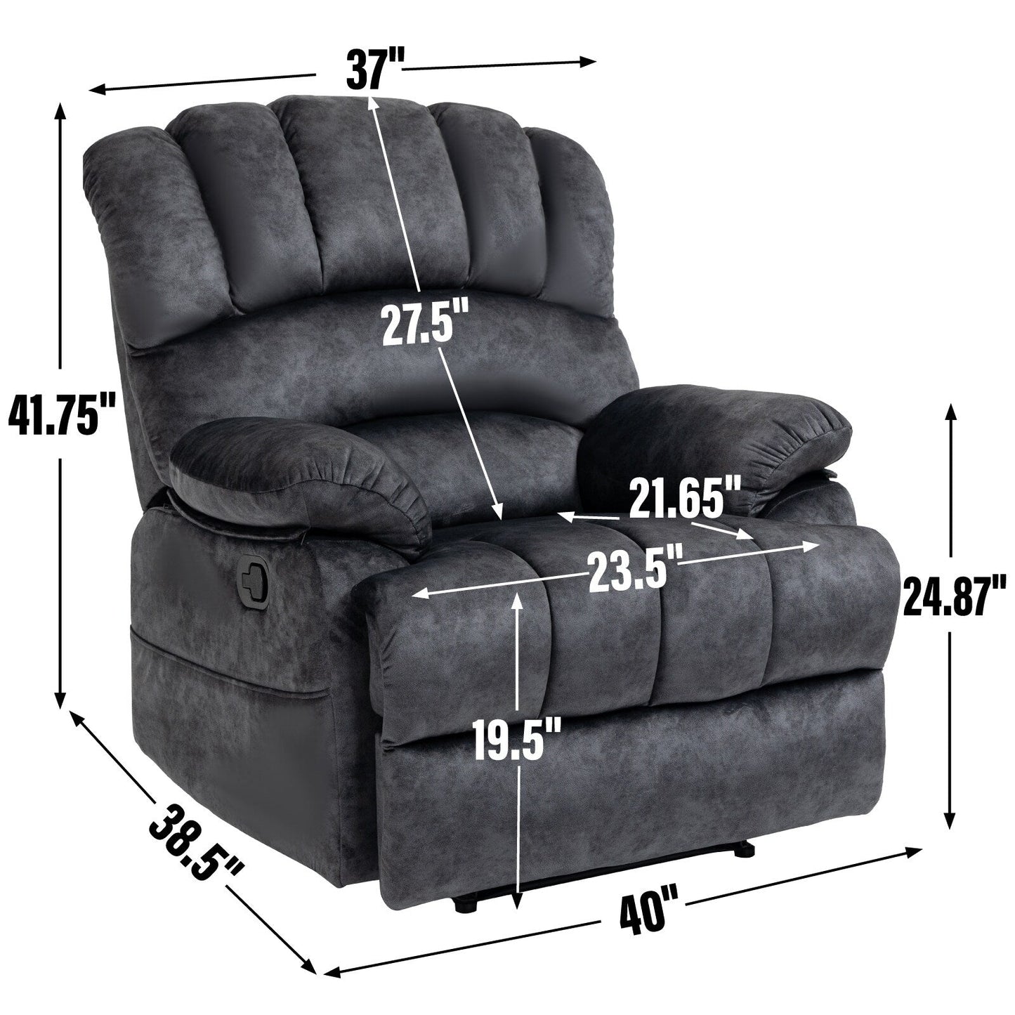 Fauteuil inclinable manuel surdimensionné en tissu, inclinaison à 155°
