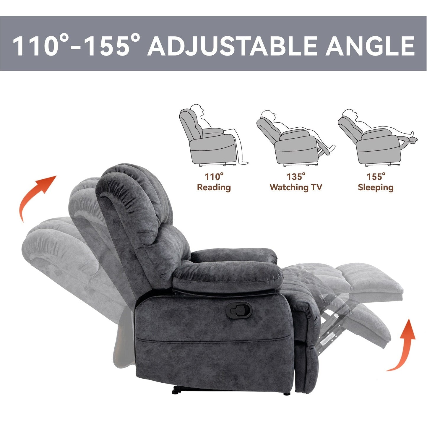Fauteuil inclinable manuel surdimensionné en tissu, inclinaison à 155°