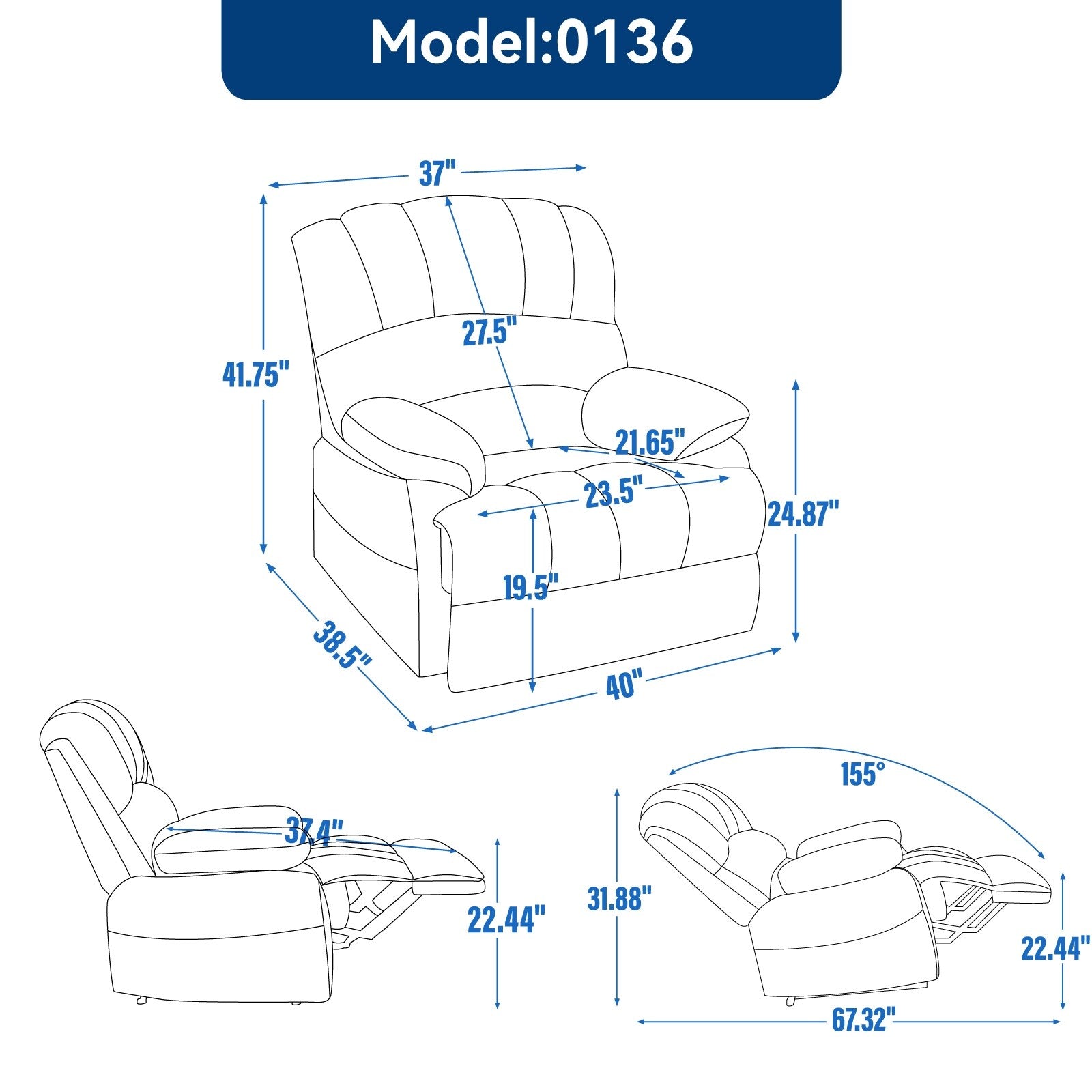 Fauteuil inclinable manuel surdimensionné en tissu rembourré, canapé simple réglable pour salon avec commande à levier latéral
