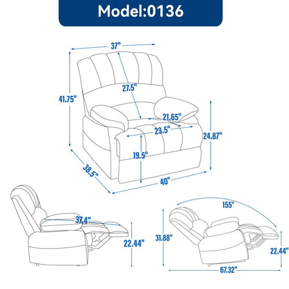 Fauteuil inclinable manuel surdimensionné en tissu rembourré, canapé simple réglable pour salon avec commande à levier latéral