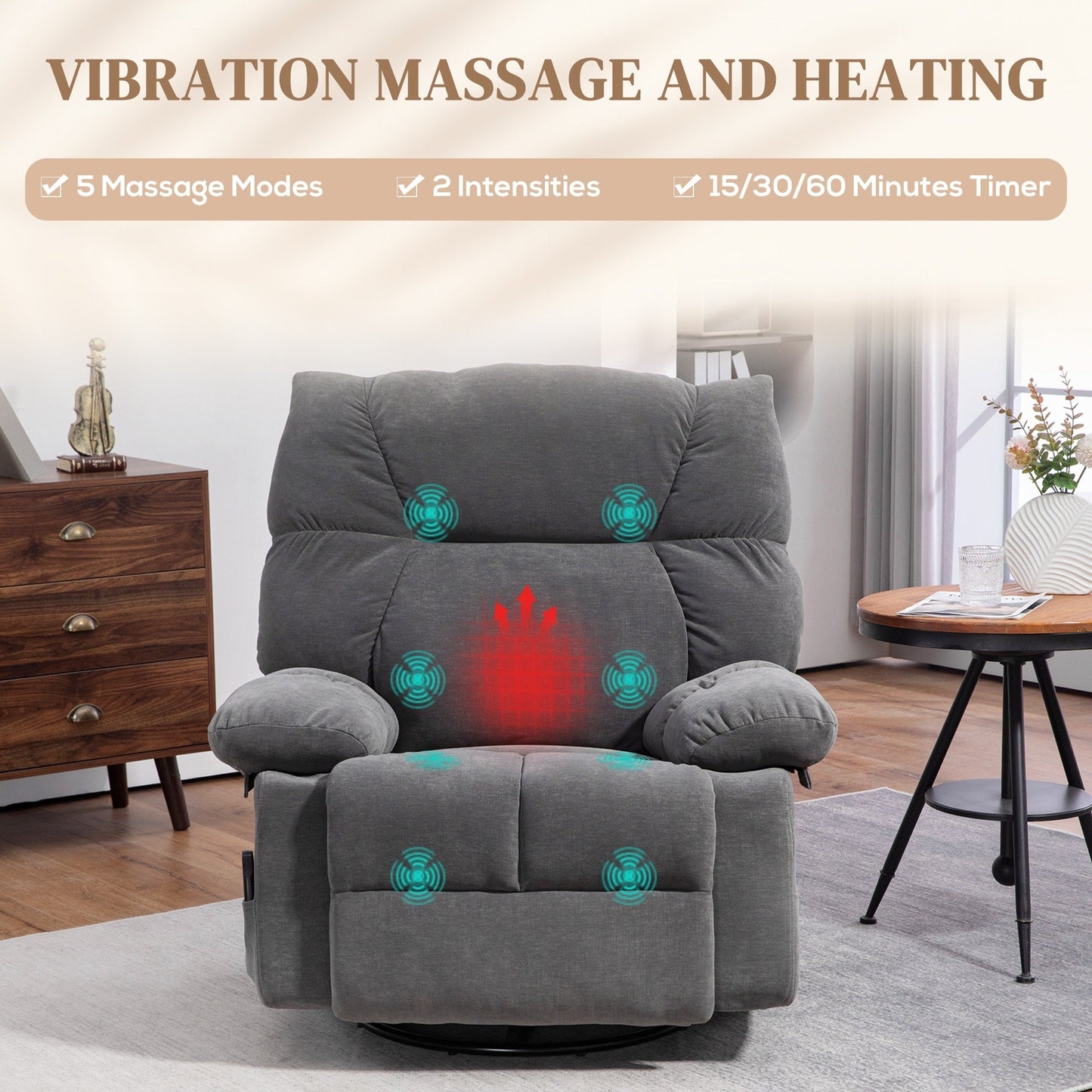 Fauteuil inclinable manuel surdimensionné avec pivot à 360°, bascule, chauffage et massage, repose-pieds et 4 poches de rangement, télécommande incluse