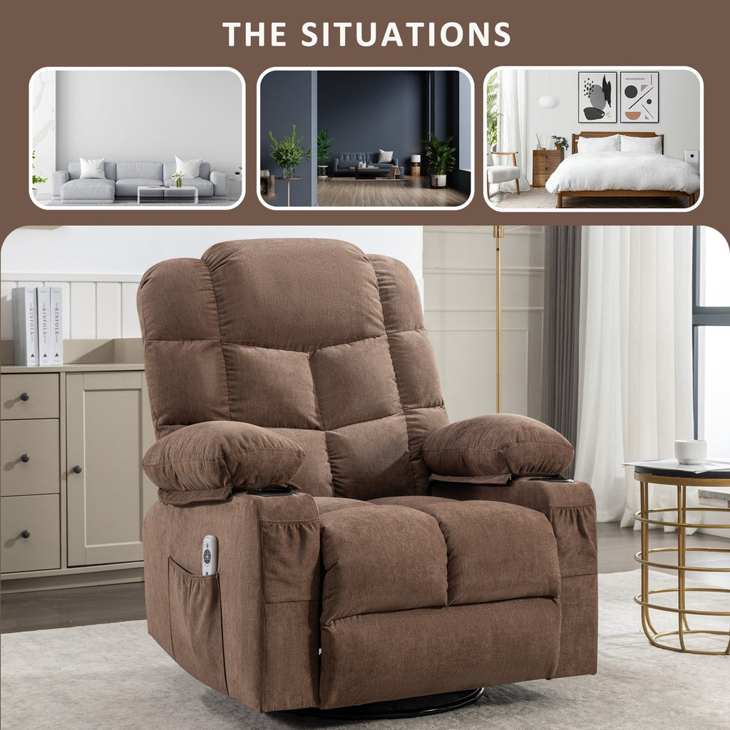 Fauteuil inclinable chauffant et massant surdimensionné, fauteuil à bascule manuel avec 2 porte-gobelets et port de charge USB, poches latérales