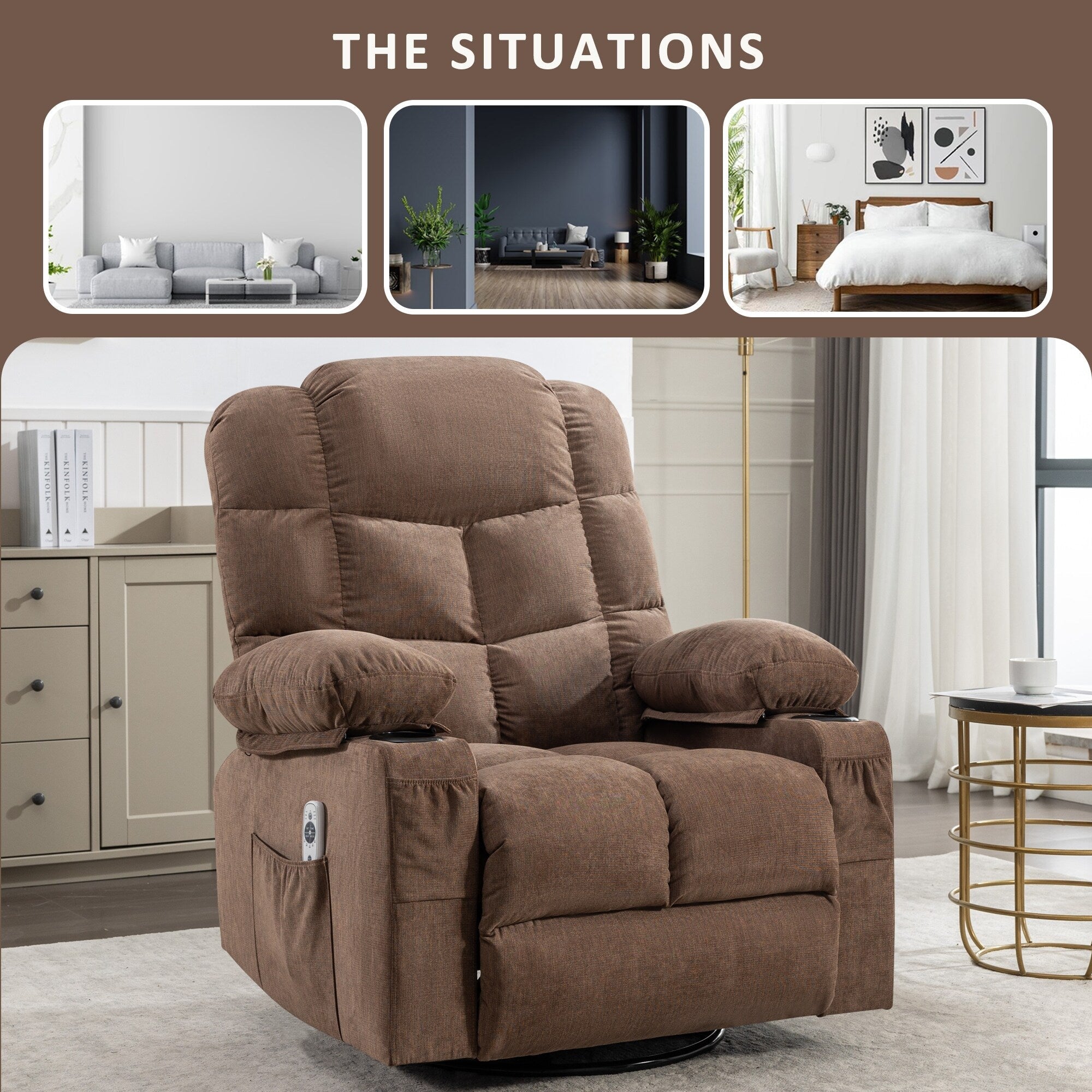 Fauteuil inclinable chauffant et massant surdimensionné, fauteuil à bascule manuel avec 2 porte-gobelets et port de charge USB, poches latérales