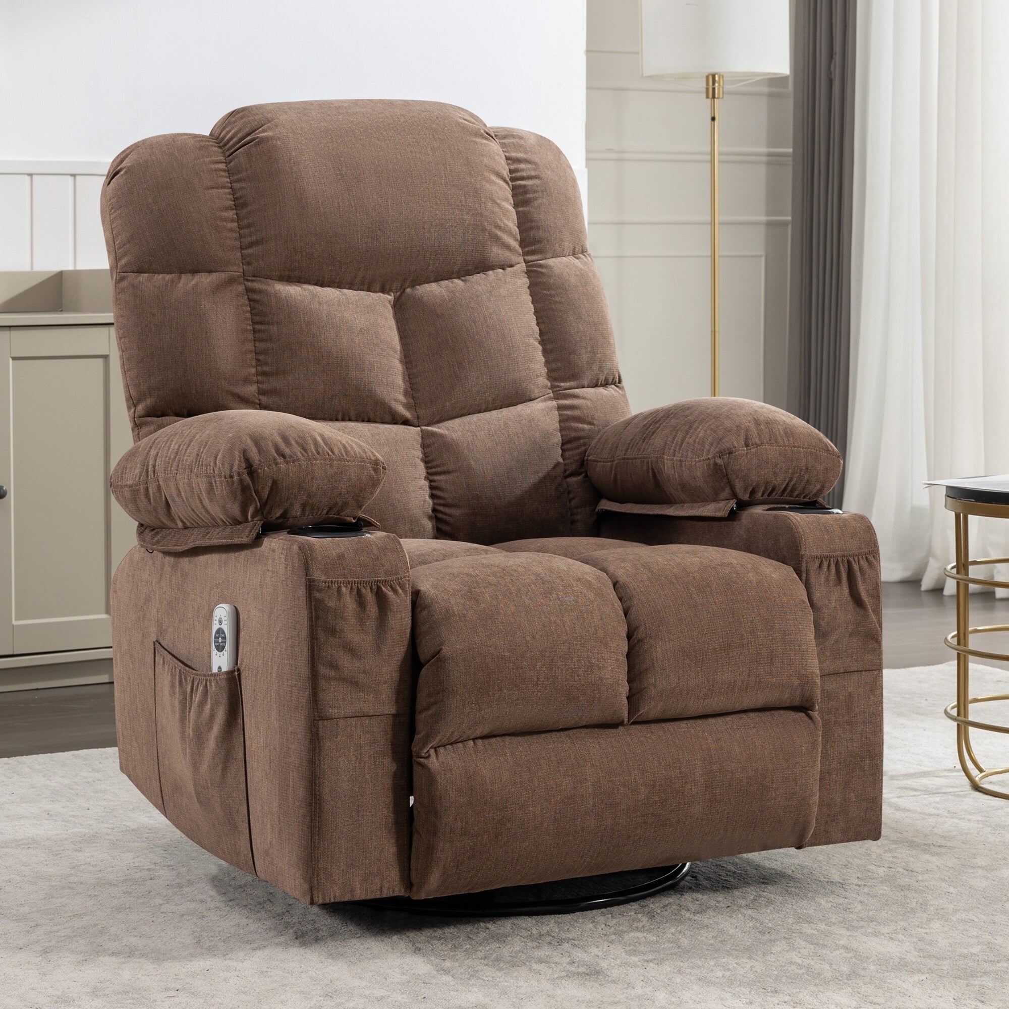 Fauteuil inclinable chauffant et massant surdimensionné, fauteuil à bascule manuel avec 2 porte-gobelets et port de charge USB, poches latérales